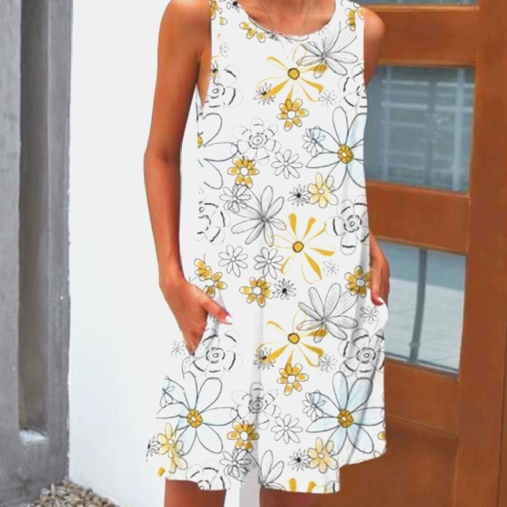 ⭐CAMISA White Floral Pocket ☀️Sleeveless Dress sleeveless spandex comfy sun wear